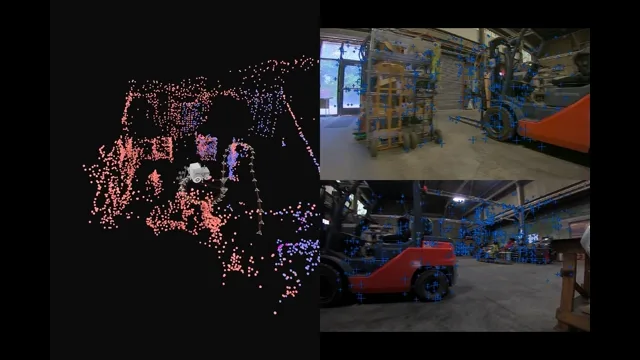 Feature map and track of a figure-8 calibration motion in a warehouse